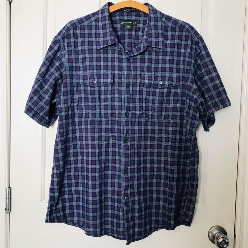 Eddie Bauer Plaid Button Down Cotton Shirt Purple/ Gray Size XL
